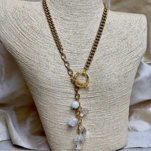Upcycled Gold Tone Lariat Style Necklace with Crystal Drops